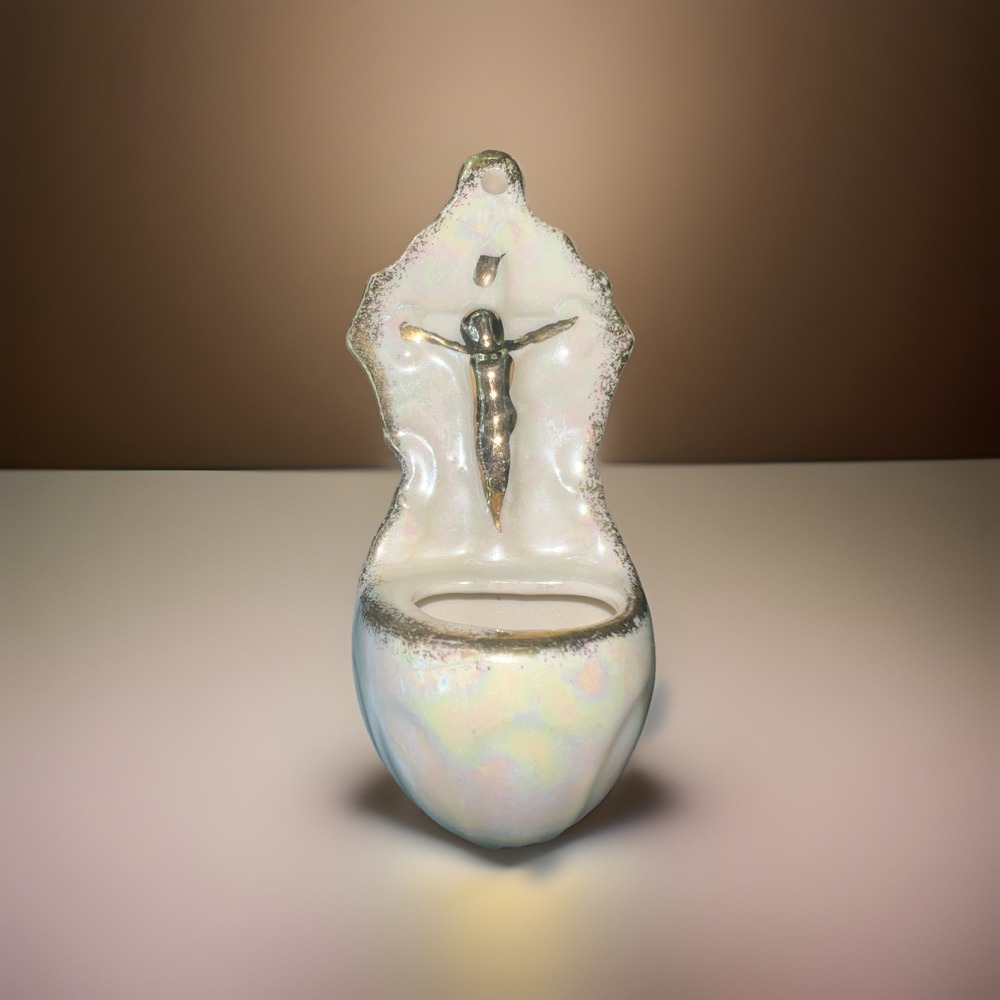 Holy water Holder White And Gold 6"